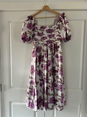 Emerson puff sleeve midi dress in pink floral print, Dress with pockets, Flowy